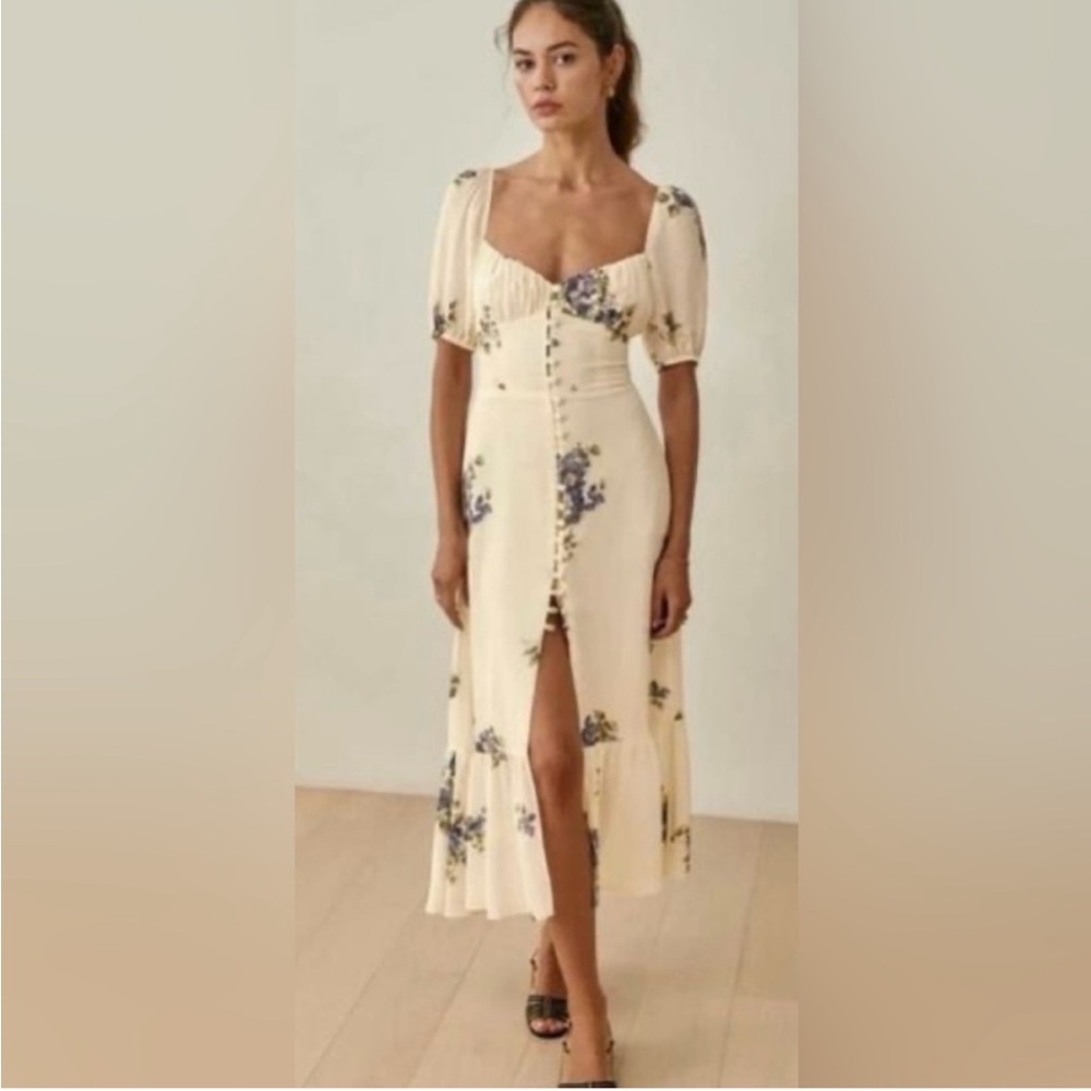 Reformation Charlee dress in Macadamia Cream Floral Midi Dress with Purple Print
